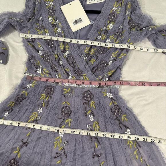 NWT $698 Mac Duggal [ 4 ] Long Sleeve‎ Embroidered Wrap Midi Dress Lilac G1710 - Picture 5 of 16